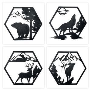 Set 4 Plastic Wall Art Decor Rustic Wildlife Hexagon Silhouettes Bear Wolf Elk